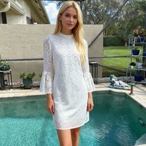 $229 Trina Turk White Lace Mini Dress, Bell Sleeves, Keyhole Back Sz 10